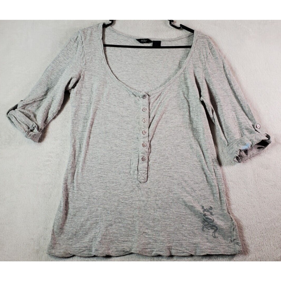 Fox T Shirt Top Womens Small Gray Knit 100% Cotton Long‎ Sleeve Logo Henley Neck - Picture 1 of 8